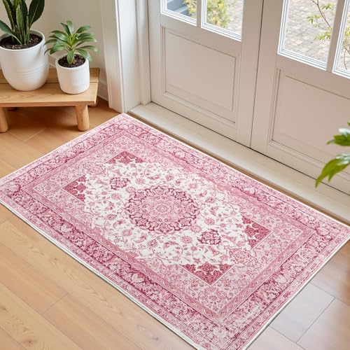 Macgace 2x3 Bright Pink Area Rug for Entryway, Small Washable Rugs with Non-Slip Backing for Girls...