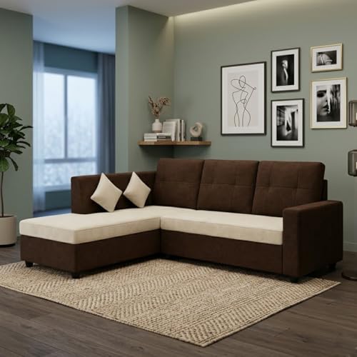 Image of FURNY Nathan 4 Seater L Shape Sofa Set LHS (Dark Brown-Cream) | Suede Velvet Finish | Durable Comfort Sofa for Modern Living Room & Office Spaces