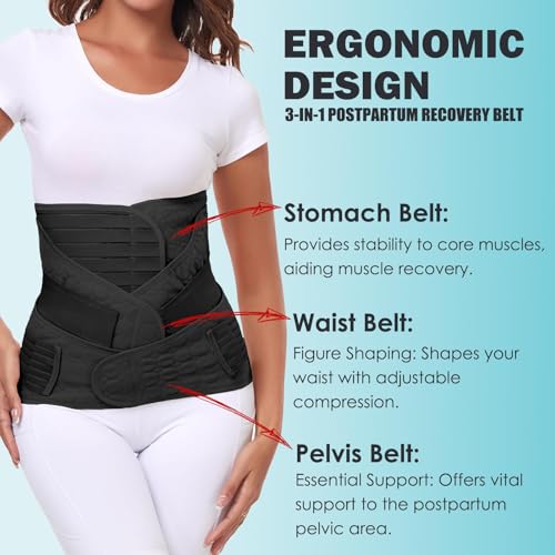 MAMODY 3-in-1 Postpartum Gürtel für Damen – Bauchgurt Nach Geburt,Shapewear, Waist Cincher (Schwarz, S/M)