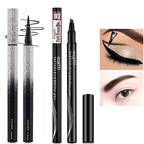 Drawing Eyebrow Pencil ,Eyeliner Pencil, with Eyebrow Stencil Shaper Kit Eye Makeup Long Lasting Waterproof & Smudgeproof Natural Looking Brow Eyebrow Brush 3pcs (Black/ Dark Brown/12 styles)