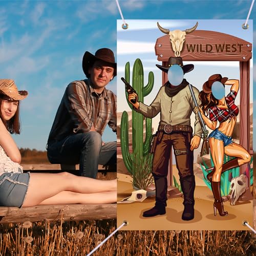 Image of Tudomro 73 x 47 Inch Western Cowboy Backdrop Party Decorations Wild West Large Photo Booth Props Background Door Banner Cowboy Themed Funny Games Supplies for Birthday Party Men