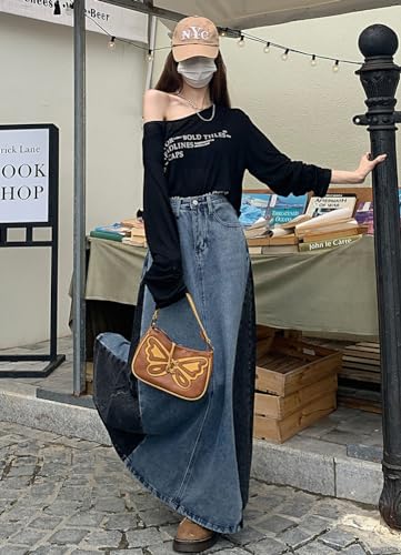 chouyatou Women's Vintage A-Line Maxi Denim Skirt Casual Color Block High Waist Long Jean Skirt3