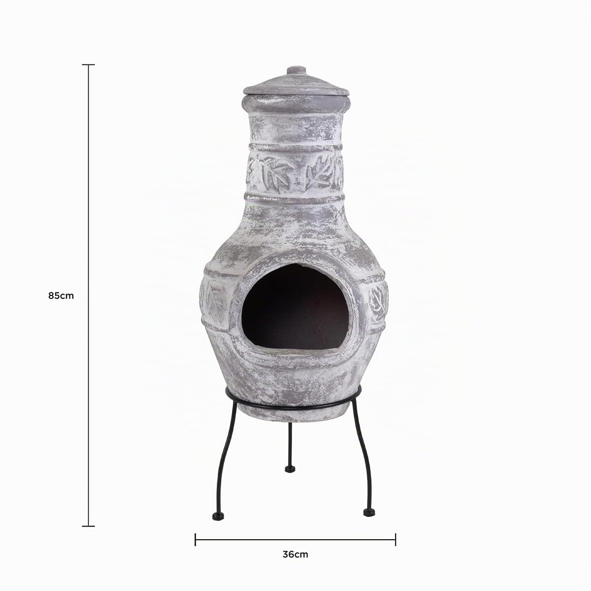 CHARLES BENTLEY Cheminée Mexicaine Taille Moyenne en Argile Naturelle, Design Feuille, Finition Terracotta, Chauffe-terrasse avec Couvercle, Support Acier, résiste météo (85x36cm)