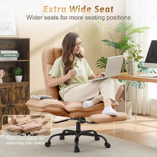Image of Wider Seat Office Chair with Flip Armrests for Criss Cross Legged&Cats, Big and Tall Executive Ergonomic Reclining Chair with Footrest&Lumbar Pillow, Teddy Fleece Desk Chair, Brown Vanity Chair