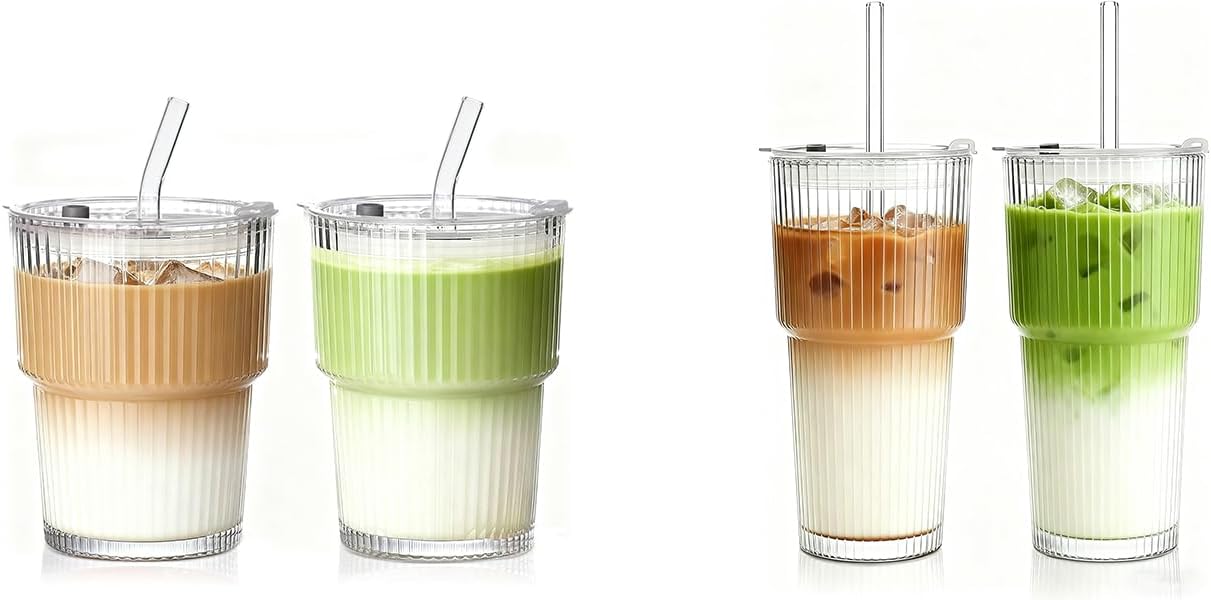 Haundry 14 oz Ribbed Glass cups with Lids and Straws+20 oz Ribbed Glass Tumbler with Lids and Straws