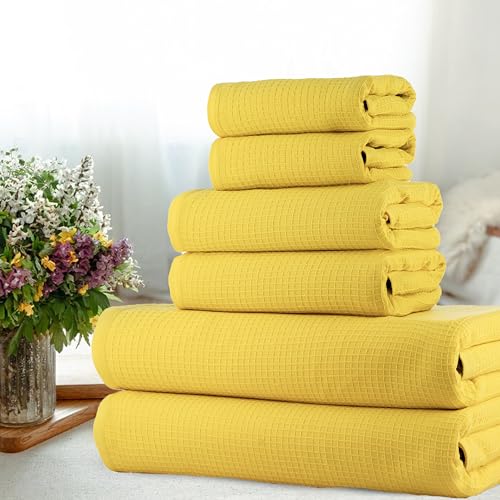 Image of Casa Copenhagen, Egyptian Cotton - Waffle Terry Towel 6 Piece Set, Includes 2 Bath Towels 2 Hand Towels 2 Washcloths - Butter Yellow