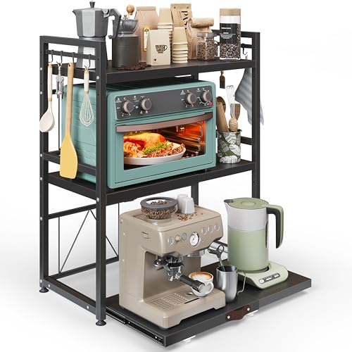 NETEL etagere micro onde cuisine rangement extensible, support pour micro-ondes à 3 niveaux,rangement plan de travail cuisine,support pour four avec tiroirs...