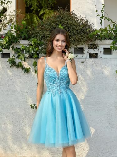 Rjer Sparkly Tulle Homecoming Dresses 2025 Spaghetti Strap Short Prom Party Dress for Teens2