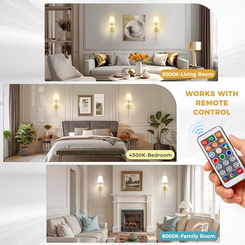 Image of DORESshop Gold Battery Operated Wall Sconce Set of Two, Rechargeable Wall Sconce with Remote, 15 Colors, Wireless Sconces Set of 2 for Bedroom Living Room, 24.6in, Includes Daily & 3 Shade