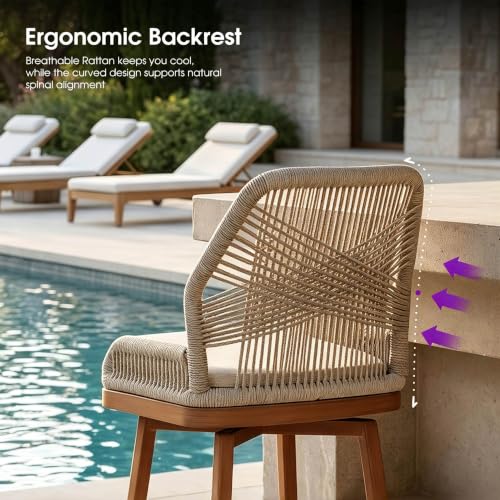 Image of PURPLE LEAF Swivel Counter Height Bar Stools Set of 2, Cushion, Deep Teak | 360 Rotating, All-weather Wicker, Heavy Duty Aluminum, Removable Cushion, Ergonomic Backrest, Indoor Outdoor, Easy Clean