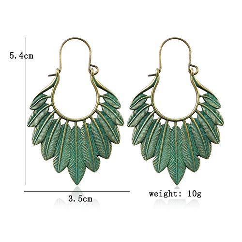 Handmade Boho Vintage Green Bronze Hollow Lightweight Statement Leaf Hoop Earrings with Detailed Texture Tribal Ethnic Drop Dangle Earring for Women (Green)2