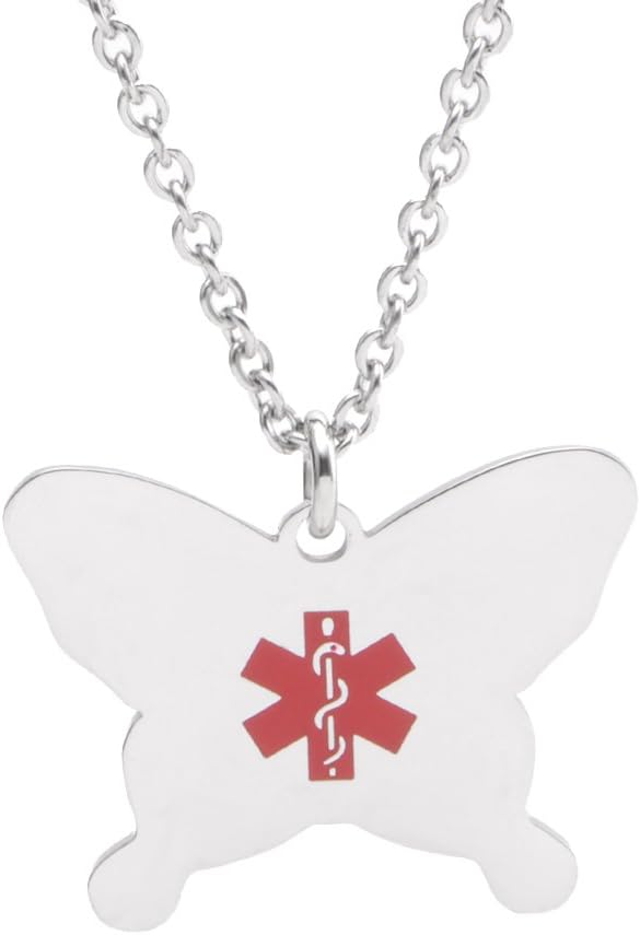 LinnaLove Stainless steel Medical alert Necklace for Women Fashion Butterfly Medical id charm pendant with Free engraving