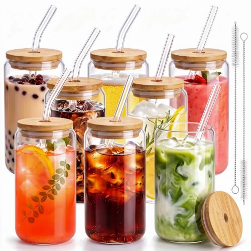 16 Oz Drinking Glasses - 8 Pcs Glass Cups with Bamboo Lids and Straws