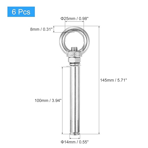 Miniatura 119 de uxcell Aro de elevación de la expansión, 5pcs M8x100mm 304 tornillo de expansión de acero inoxidable con anillo de ojo para pared de ladrillo