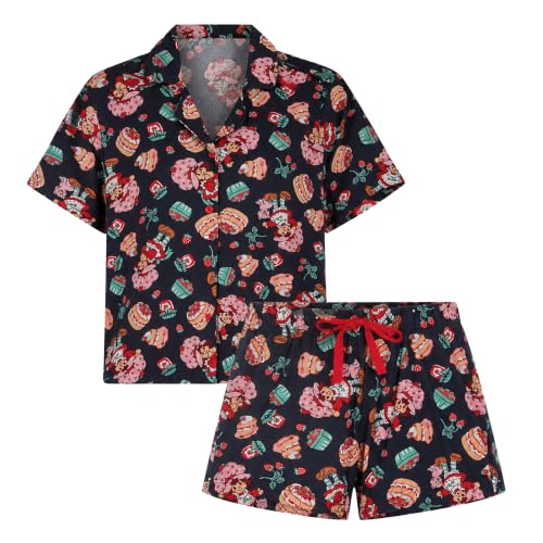 Image of COCO BRANDS Strawberry Shortcake Womens Pajama Set - 2 Piece Short Sleeve Button Down Sleep Shirt and Pajama Shorts