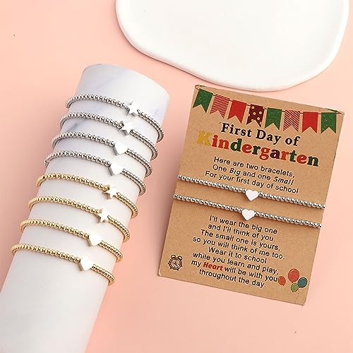 Image of 2Pcs First Day of Kindergarten Preschool Bracelets for Mommy and Me, Matching Heart Beaded Bracelets for Mother Daughter