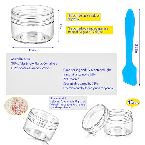 MotBach 40 PCS 15g Empty Plastic Containers with Clear Lids, Small Makeup Containers, 0.5oz Small Sample Jars Round Travel Cosmetic Jars with Spatulas for Liquid Cream Lotion Powder2