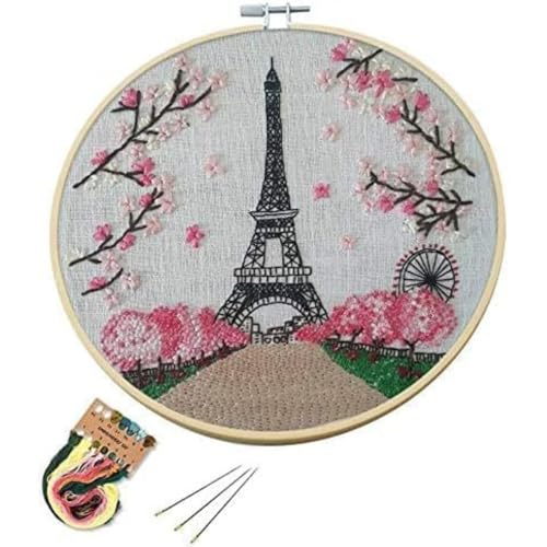 Arte Vita Embroidery Starter Kit Eiffel Tower Pattern Full Range DIY Beginner Hand Stitch Set Including Stamped Cloth, Bamboo Hoop, Color Threads, Needles Blossom Paris