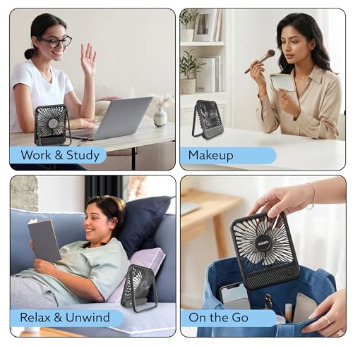 Image of AGARO Primo Rechargeable Portable Desk Fan, Mini Fan with USB Type-C, 3 Speeds, Foldable Adjustable Stand, Long-Lasting Battery, Quiet Personal Cooling for Home, Office & Travel