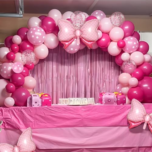 Image of Pink Bow Balloons, 62Pcs 12Inch Hot Pink Bow Foil Balloons Set, Polka Dot and Confetti Latex Balloon for Girls Women Birthdays Baby Shower Bridal Bachelorette Cartoon Theme Valentine Party Decoration