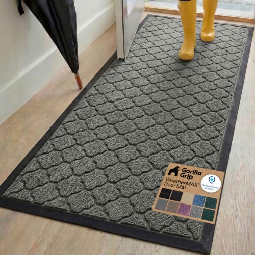 Image of GORILLA GRIP WeatherMAX Door Mat, Indoor Outdoor, 72x24, Gray Quatrefoil