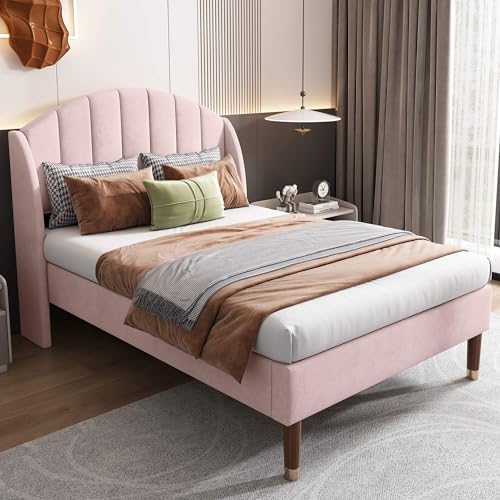 HYUB Letto imbottito singolo 90 x 200 cm, con rete a doghe e telaio, letto per ragazzi con testiera, supporto per doghe in legno, spazio sotto il letto, senza materasso, rosa