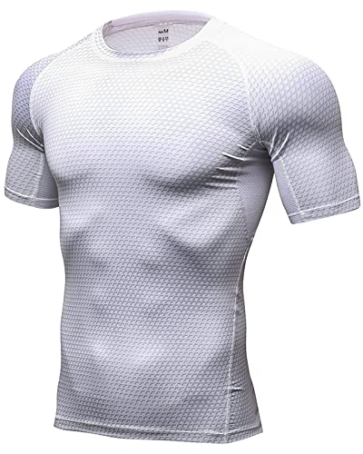 Homme T-Shirt de Sport Compression Manches Courtes Tee Shirt Running Fitness Maillot T-Shirt Baselayer pour Sports Jogging Musculation Gym Blanc XL Cover