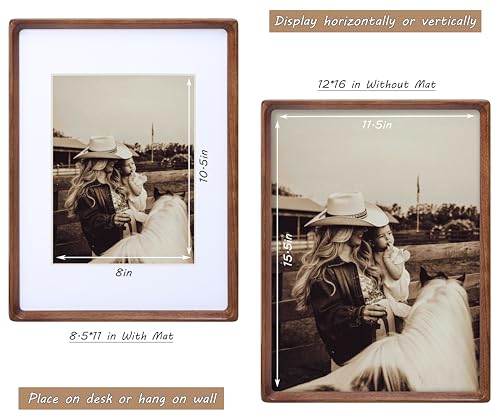 Image of 12x16 Picture Frame with Mat for 8.5x11, USA-Sourced Natural Walnut Wood Handcrafted Rounded Corner with Plexiglass, Vertical or Horizontal Display Photo Document Gallery Wall Poster Frame