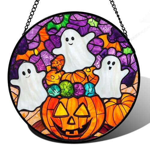 Image of Stained Glass Window Hanging Halloween Horror Pumpkin White Ghost 11.8 inch - Suncatcher Door Garden Sunroom Gothic Style Sun Catcher Birthday for Friend Mom Men Woman Nana