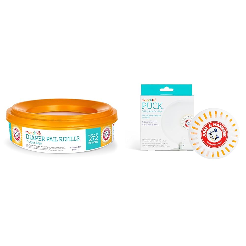 Munchkin® Refill Set for Step™ and Pail™ Diaper Pails - Includes 2 Arm & Hammer Diaper Pail Refill Rings and 1 Puck™ Baking Soda Cartridge