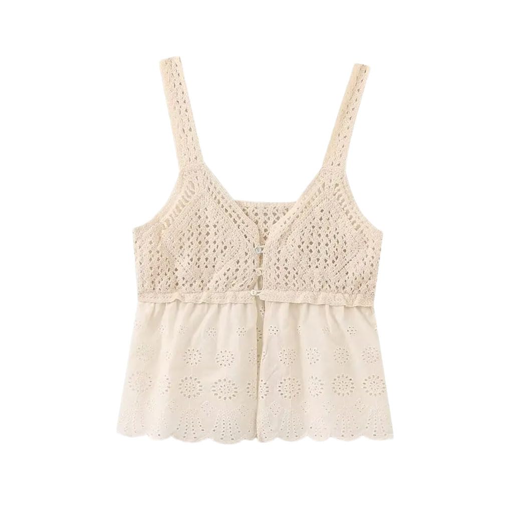 Canotta da donna con ricamo traforato lavorato a maglia casual senza maniche in pizzo crop top