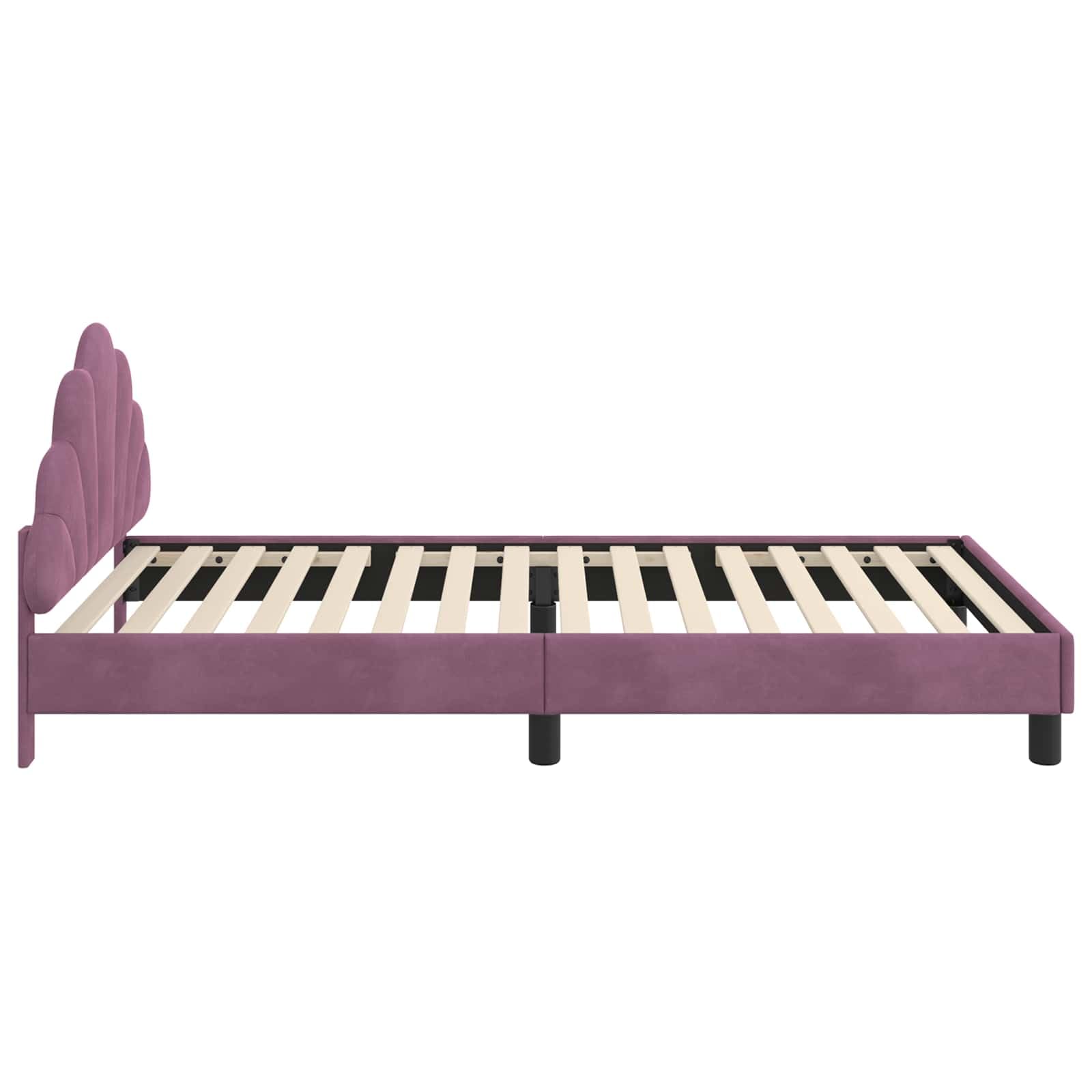 Moderno marco de cama con cabecero en color morado, 90 x 190 cm, tapizado de terciopelo, somier de láminas estable y prácticos compartimentos para libros, 4 piezas