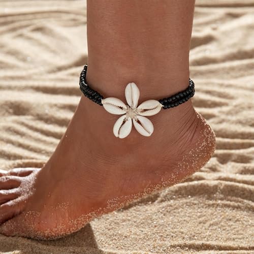 Image of Shell Anklets for Women Shell Beach Jewelry Accessories White Pink Black Flower Ankle Bracelet Summer Vacation Dress Outfits