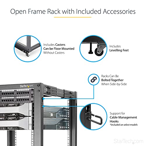 Image of StarTech 8U 4-Post Server Rack, 19in Open Frame Rack with 40in (101cm) Mounting Depth and 1200lb (544kg) Weight Capacity, Mobile or Floor Mount IT Rack
