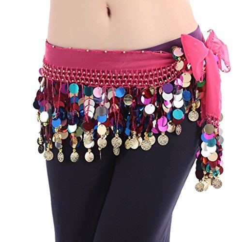 Image of VRITRAZ Women's Chiffon Belly Dance Hip Scarf Waistband Belt Skirt Mixed Colors Beads and Golded Coins 56 Black