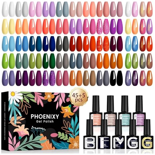 Phoenixy Vernis Semi Permanent 45 Couleurs Vernis Gel UV Semi Permanent avec 1 Base Coat 4 Top Coat Brillant Mat et Glitter Lot Vernis à Ongles Violet Vert...