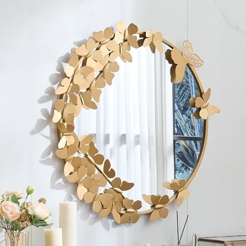 Image of LOVNAHO Gold Mirrors for Wall, Butterfly Ornate Vintage Gold Mirror,Large Wall Mirrors Decorative for Living Room, 27.5 Inch Metal Framed Circle Wall-Mounted Mirror for Bathroom, Entry Way, Bedroom