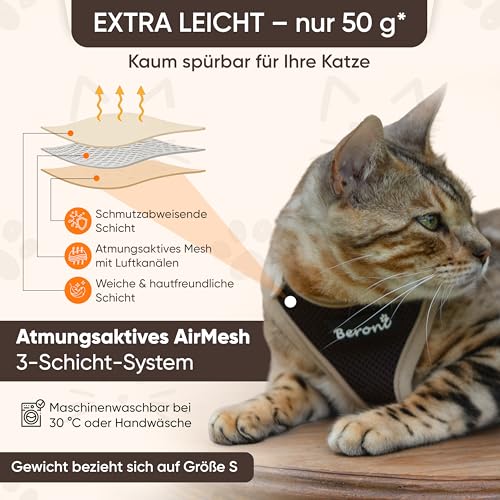 Katzengeschirr Easy Walking Katzengeschirr 2.0 ausbruchsicher, verstellbar, Nicht über Kopf Bengal, Maine Coon kleine und große Katzen (Braun, M)