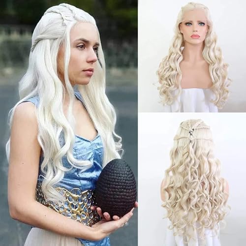 RONGDUOYI 26 Cosplay Braiding Hair Style Wig Blonde Body Wave Synthetic Lace Front Wig with Six Plaits Pre Plucked Glueless Halloween Cosplay Party Wigs