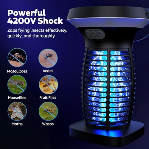 Image of OnBeam Solar Bug Zapper Outdoor, 4200V Electric Mosquito Killer for Patio | Solar & USB-C Charging, IPX5 Waterproof, Auto Mode, SOS Light, Indoor Fly Trap for Home, Backyard, Garden, Camping