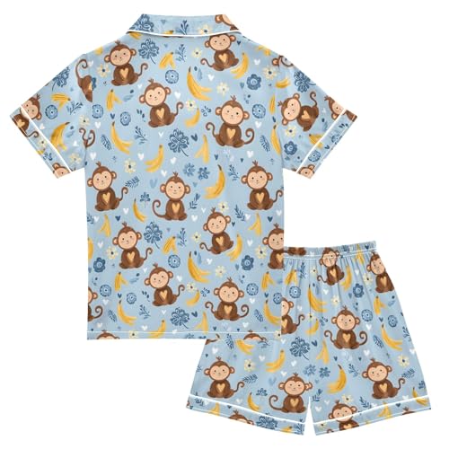 Lovely Monkey Banana Blue Prints Summer Satin Pajama Set, Cute Button-Down Sleepwear Pj Set for Sleep Wears2