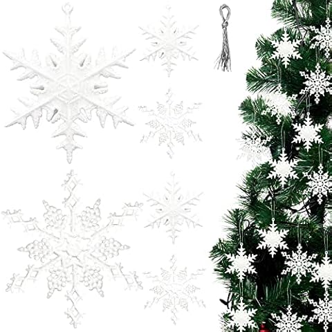 36Pcs White Glitter Snowflake Winter Snowflake Ornaments, Hanging Glitter Snowflake for Christmas Tree & Garland Decorations Cover