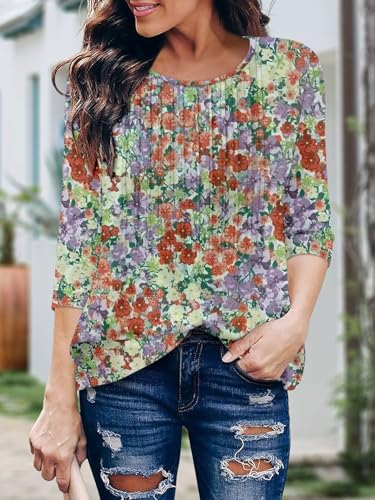 KISSMODA Tunic Tops for Women Loose Fit Dressy Round Neck Pleated 3/4 Length Sleeve Spring Tops