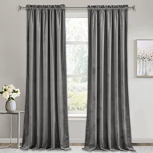 Image of RYB HOME Super Soft Velvet Curtains 120 inch, Smooth Hand-Feeling Durable Drapes Room Darkening Curtain Thermal Insulated Privacy Protection for Parlor Nursery Living Room, Light Grey, Set of 2 Panel