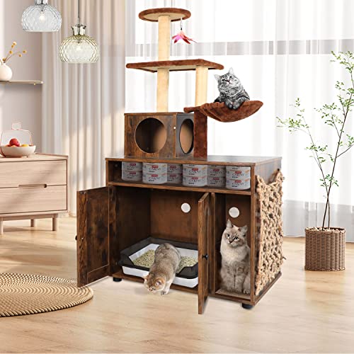 Cat Tree With Cat Litter Box Enclosure, Hidden Cat Washroom Furniture With Divider, Large Wooden Cat House With Cat Tree Condo, Scratching Post And Soft Plush Perch Rustic Brown #TOP5