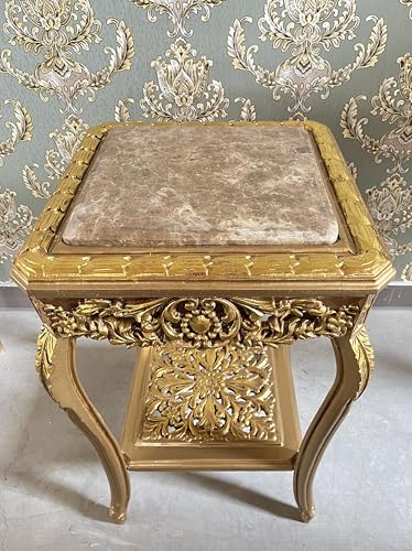 Goldener Quadratischer Beistelltisch im Französischen Barock Rokoko Stil, Handgefertigter Beistelltisch aus Holz mit Kamelfarbener Marmorplatte, Goldener Couchtisch, Teetisch als Wohndekoration – Bild 6