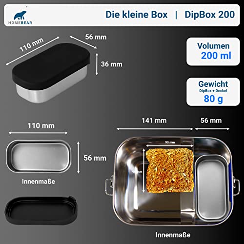HOMEBEAR® Edelstahl Brotdose | Lunchbox 1200 ml | Set mit Box für Dips | Verschiebbare Trennwand | Auslaufsicher und Plastikfrei | Brotbox Jausenbox