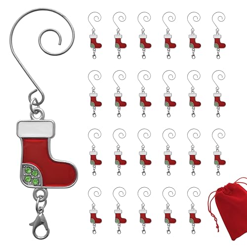 Christmas Boot Ornament Hooks Set of 24 – Red & White Enameled S-Hooks with Lobster Clasps, Green Jewel Accents, Metal Xmas Ornament Hangers for Tree Decorations, Stocking & Holiday Decor, 3.5 Inch
