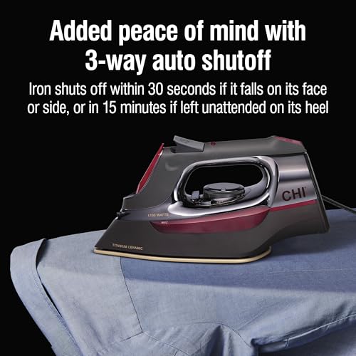 Image of CHI Steam Iron for Clothes with 8' Retractable Cord, 1700 Watts, 3-Way Auto Shutoff, 400+ Holes, Professional Grade, Temperature Control Dial, Titanium Infused Ceramic Soleplate, Black /Chrome (13109N)