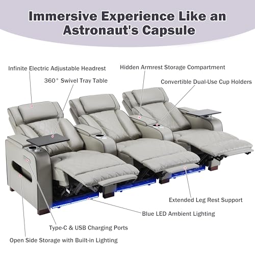 Image of GUEAPY Power Reclining Sofa Home Theater Seating with Adjustable Headrest, Breathable Leather Electric Recliner with LED Lighting, Cup Holders, USB Charging & Tray Table, Row of 5